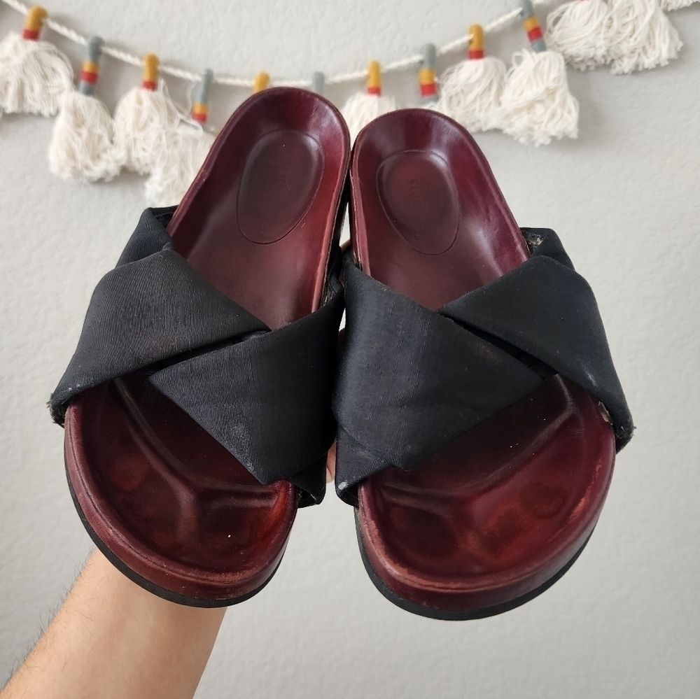Celine Twist Knot Black Leather Slide Sandals Designer Beach Boho Classic 37